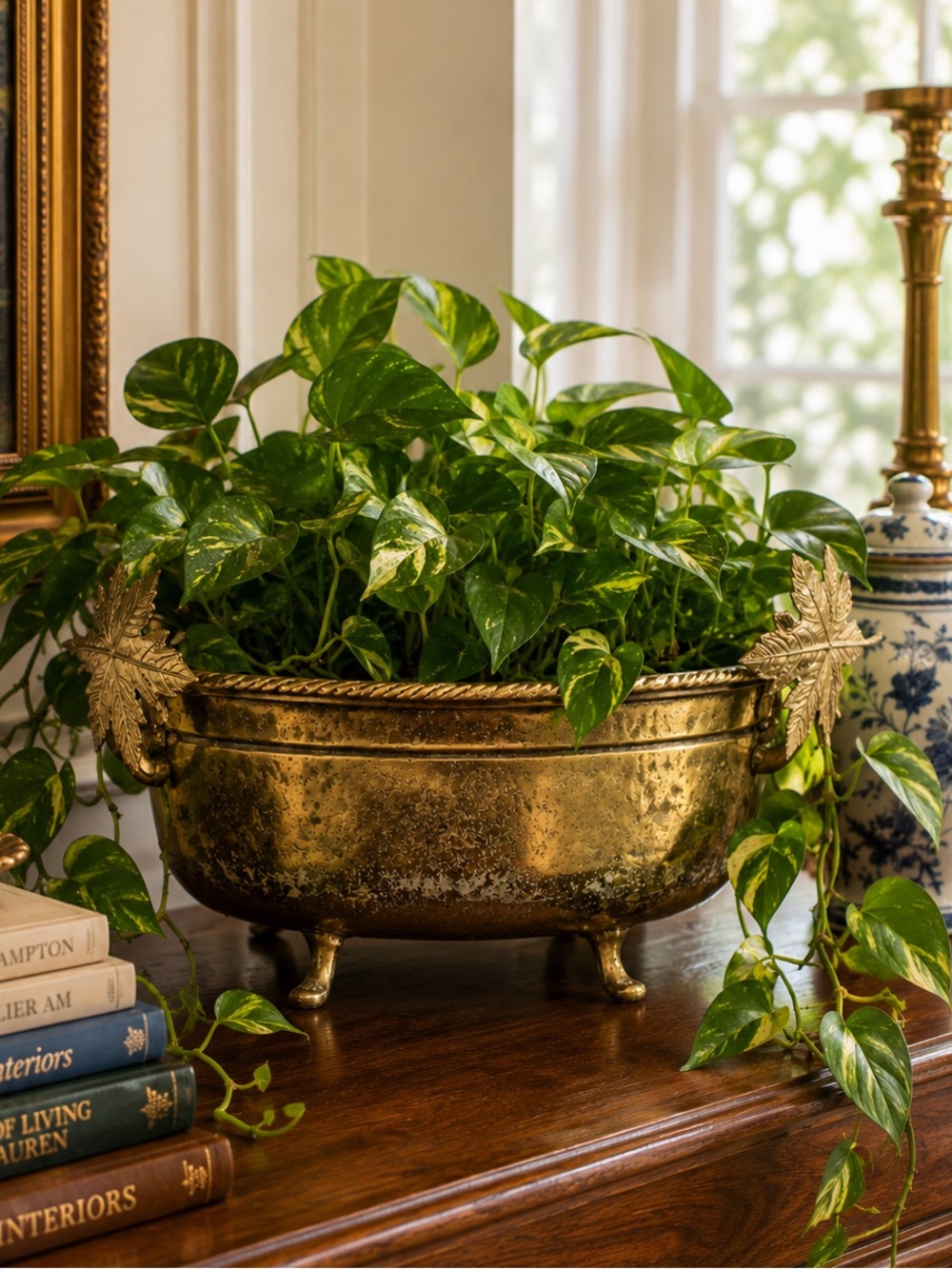 Vintage Solid Brass Footed Planter Cachepot with Sculptural Leaf Handles